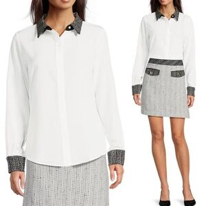Karl Lagerfeld Paris Tweed Media Constrast Point Collar Long-Sleeve Blouse